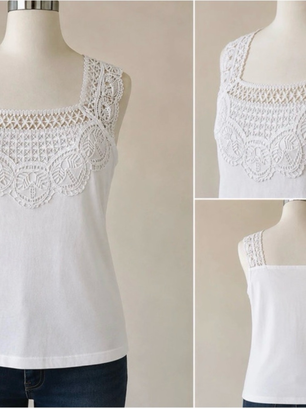 dressbarn White Crochet Yoke Camisole Tank